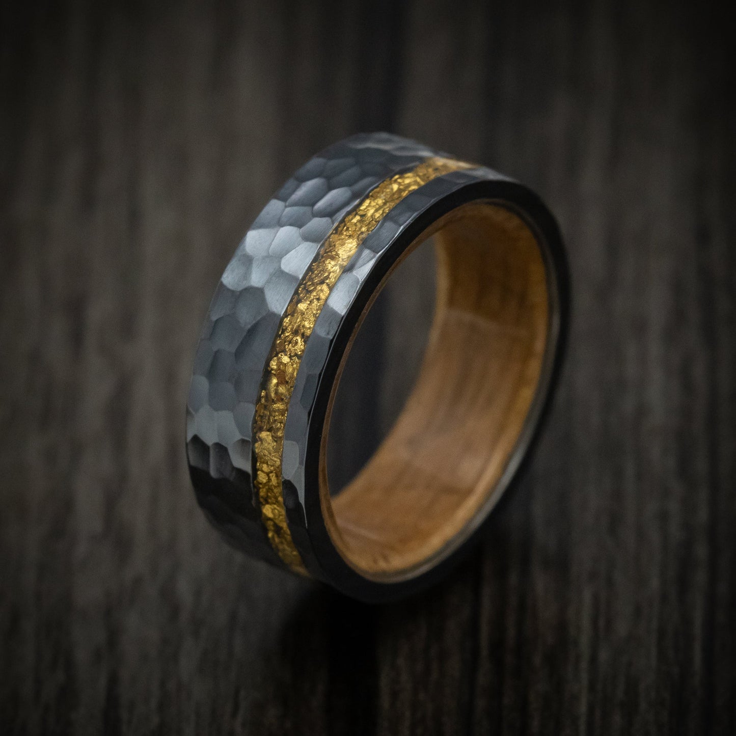 Black Zirconium Nugget Men's Ring with Wood Sleeve